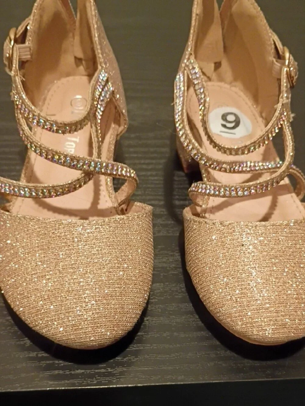 Lucky Top Girls' Gold Glitter Dress Heels with Rhinestone Straps
